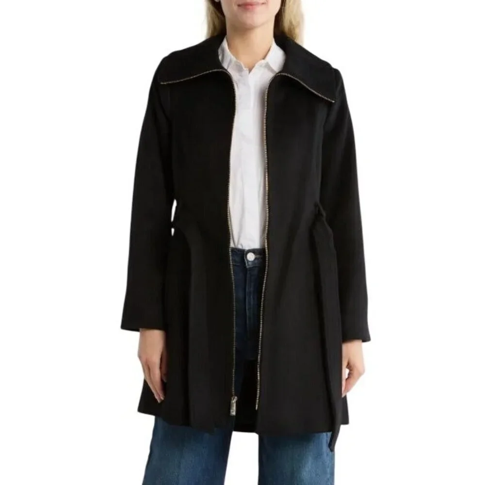Michael Kors Womens Black Full Zip Belted Wool Blend Mid Legnth Coat Sz L New